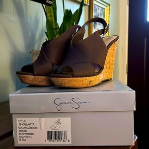Jessica Simpson cork/brown 4 inch wedge heels, 8 1/2 medium